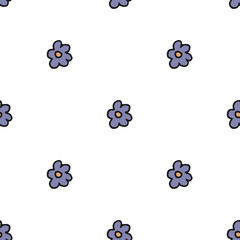Seamless pattern. Doodle style hand drawn. Nature, animals and elements. Violet flowers on a white background.