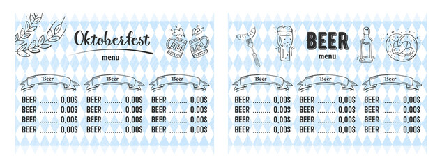 Oktoberfest 2021 - Beer Festival. Hand-drawn Doodle Elements. Blue-white rhombus. Horizontal Beer menu.