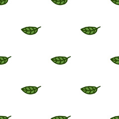 Seamless pattern. Doodle style hand drawn. Nature elements. Green leaves on a white background.