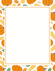 Autumn frame template made of orange pumpkins and leaves with an empty rectangle