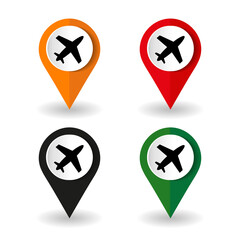 Plane, flight, airplane icons, set of colorful buttons in 4 color options