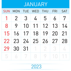 January Planner Calendar 2023. Illustration of Calendar in Simple and Clean Table Style for Template Design on White Background. Week Starts on Sunday
