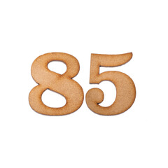 Number 85 in wood, isolated on white background
