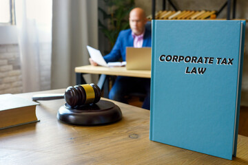 Lawyer holds CORPORATE TAX LAW book. Corporate Tax laws relate to the systems of taxation used for...