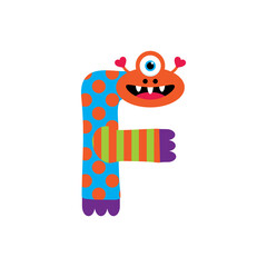 Happy Monsters Vector Alphabet Letters, for classroom poster, stickers or magnets. Letter F in funny cartoon colorful style for kids education.