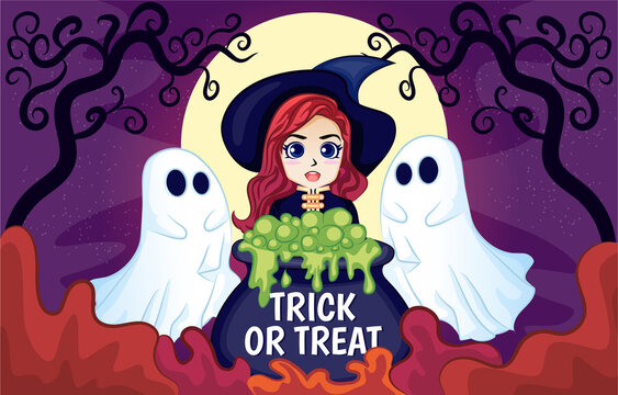 Cute Cartoon Witch Trick Or Treat with Ghost Flat Illustration