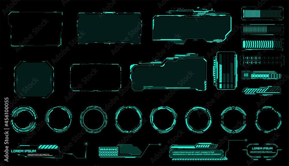 Poster Set Circle and loading bar Abstract digital technology UI,UX Futuristic HUD, FUI, Virtual Interface. Callouts titles and frame. Sci Fi modern futuristic user interface square Frames blocks. Vector