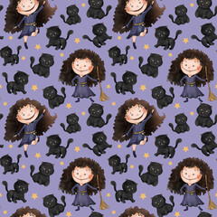Nice sweet watercolor girl witch cat stars seamless pattern on purple background