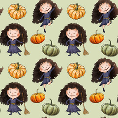 Nice funny cute seamless pattern halloween party masquerade girl witch black kitten bright pumpkins