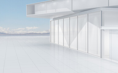 White architecture with outdoor view, 3d rendering.