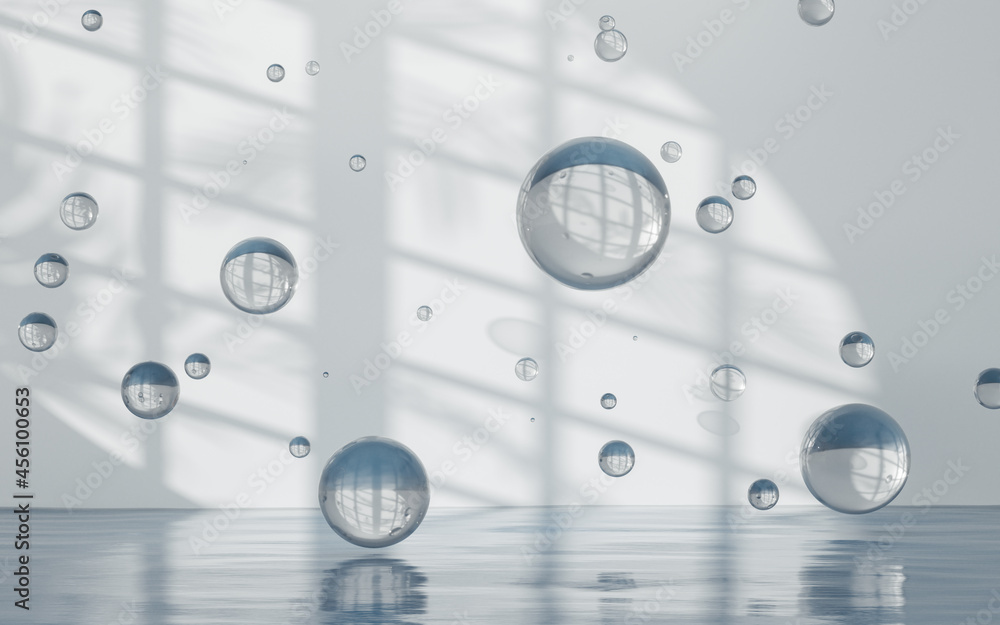 Poster empty room and bubbles, 3d rendering.