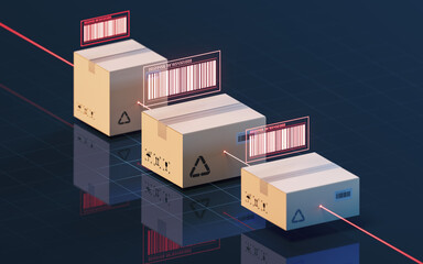 Carton and bar code, commodity inspection and transportation, 3d rendering.