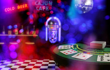 Fototapeta na wymiar Miniature Poker Table Bar Scene Composite Image With Neon Signs and Bokeh