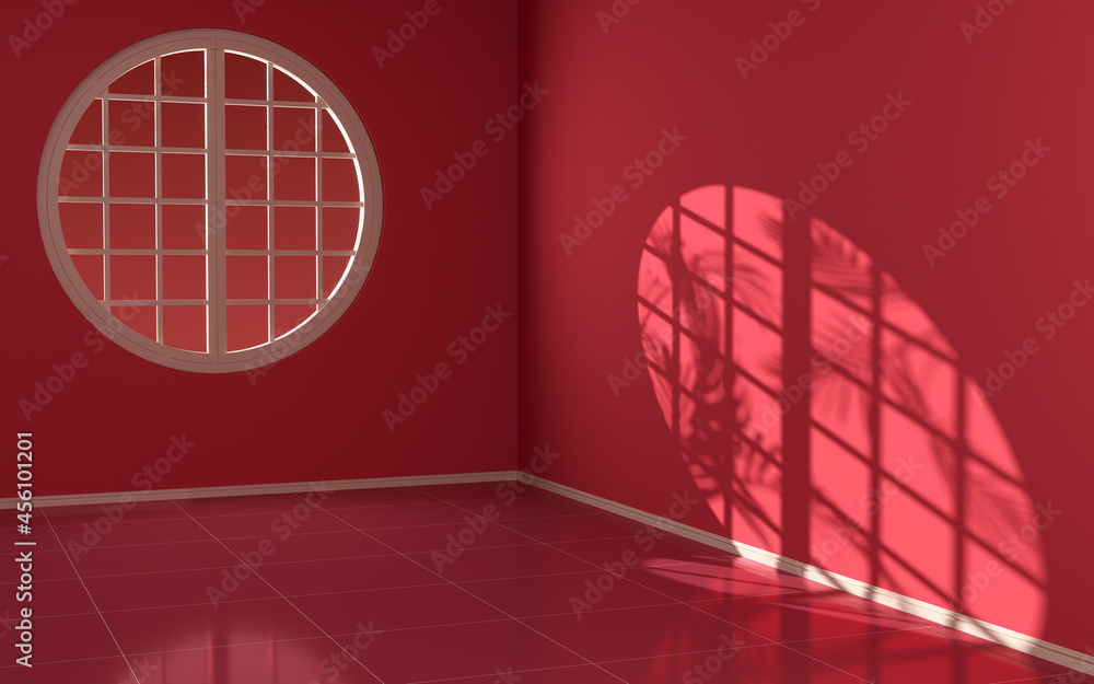Poster An empty room with round window, 3d rendering.