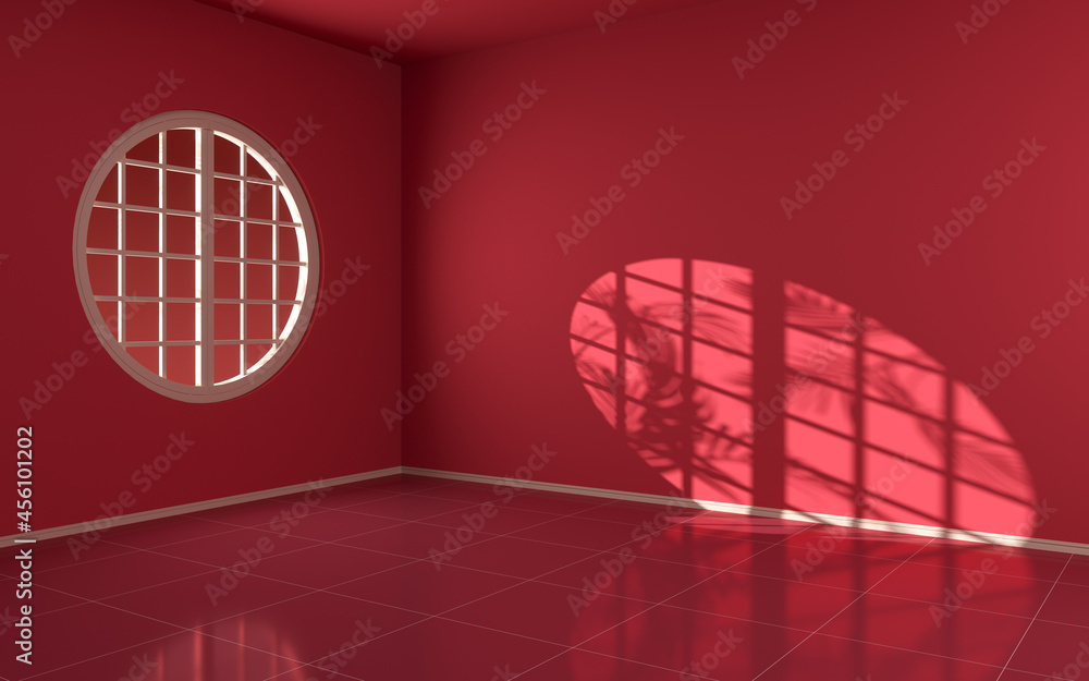 Poster An empty room with round window, 3d rendering.