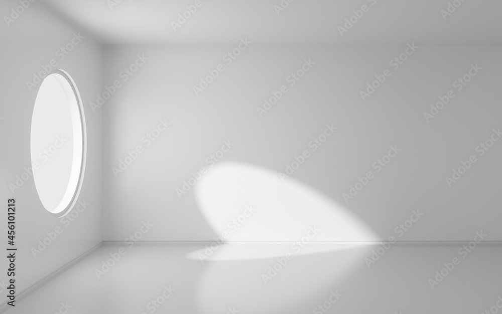 Poster an empty room with round window, 3d rendering.