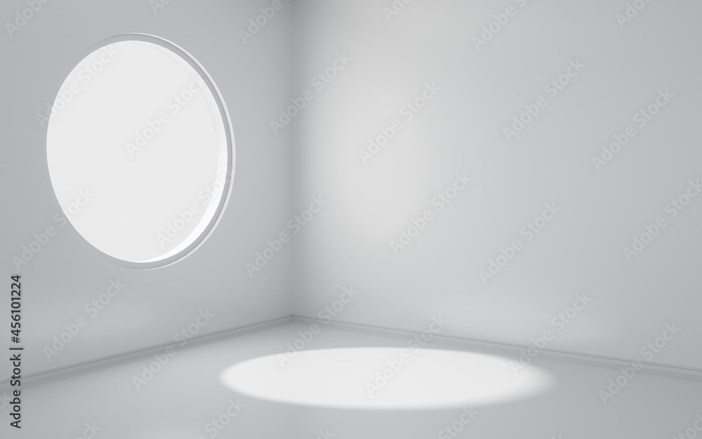 Poster an empty room with round window, 3d rendering.