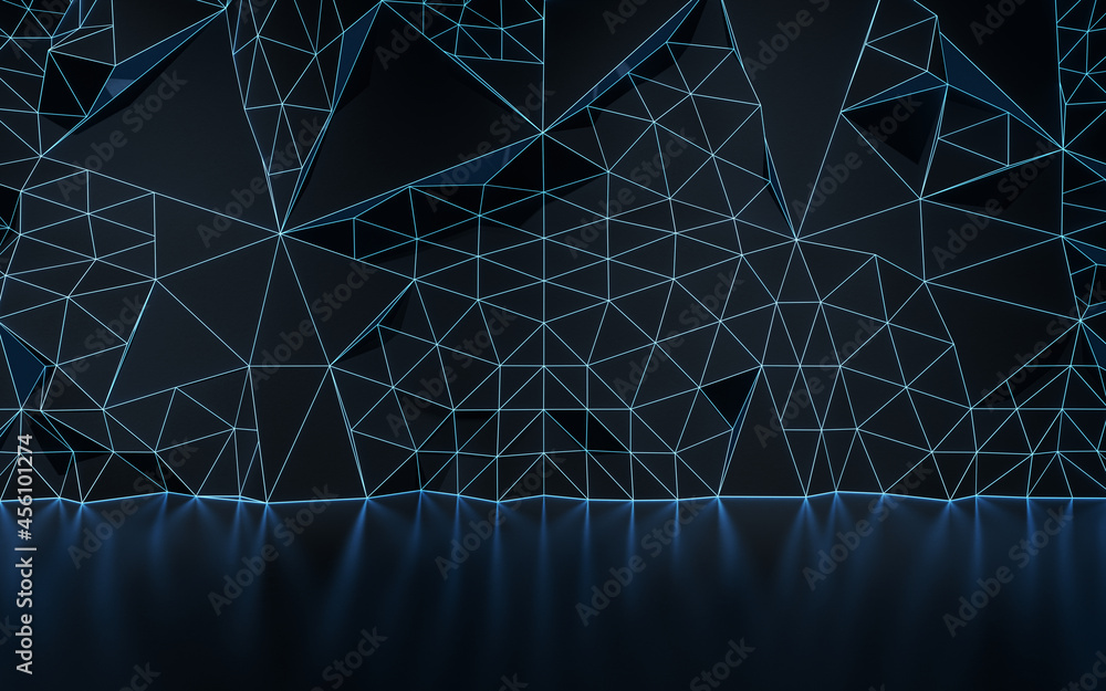Poster empty room and neon with dark background, 3d rendering.