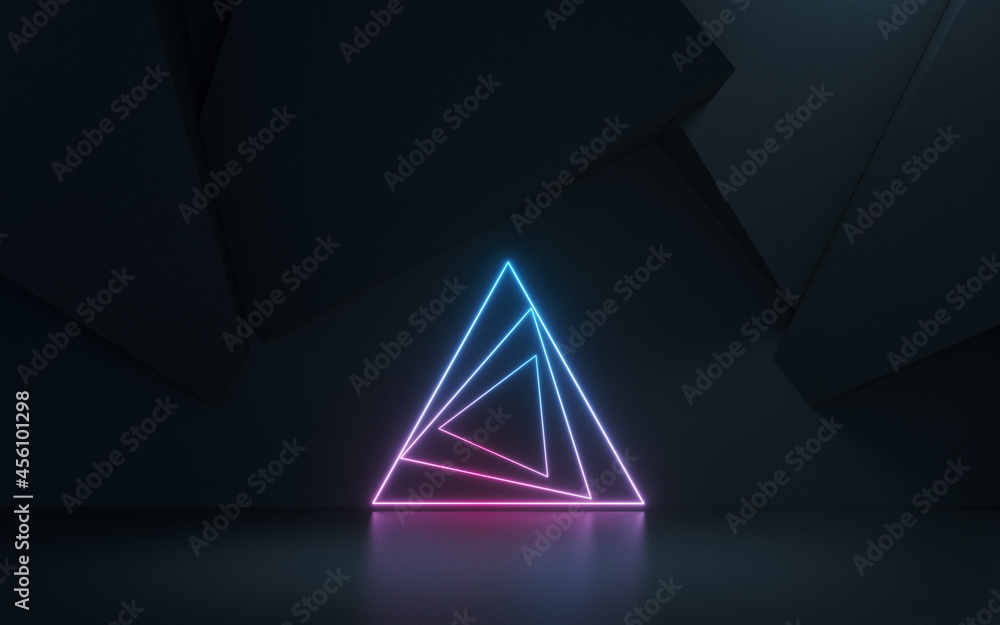 Poster empty room and neon with dark background, 3d rendering.