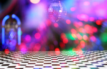 Jukebox in Bar with Disco Ball and Bokeh - obrazy, fototapety, plakaty