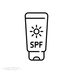 Sun cream bottle icon. Simple outline style. Tube sunblock, spf, protection, uv, sunscreen concept. Vector illustration isolated on white background. Thin line symbol. Editable stroke EPS 10