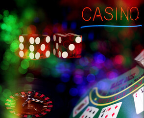 Casino Black Jack Table with Roulette Wheel and Dice. Neon Casino Sign with Bokeh Effect