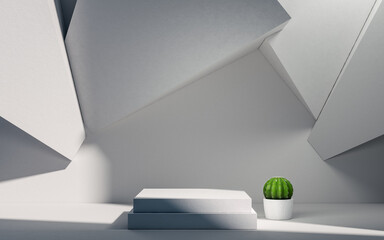 Empty stage and cactus with white background, 3d rendering.