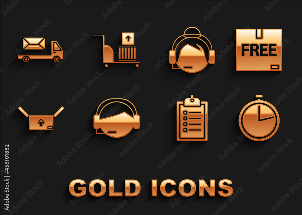 Poster set support operator in touch, cardboard box with free symbol, stopwatch, verification of delivery l