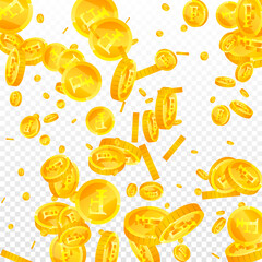 Swiss franc coins falling. Dramatic scattered CHF coins. Switzerland money. Breathtaking jackpot, wealth or success concept. Vector illustration.
