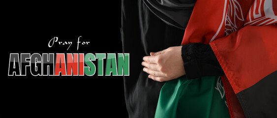 Man with flag and text PRAY FOR AFGHANISTAN on dark background