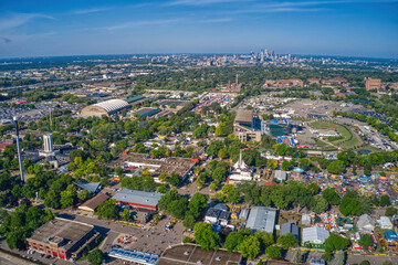 Fototapeta premium Falcon Heights, Minnesota, United States 9-5-21 Aerial View of the Minnesota State Fair looking West towards the Minneapolis Skyline