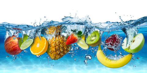various fresh colorful tasty fruits splashing into cold water isolated on blue white background. food diet healthy eating freshness concept