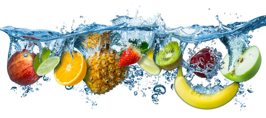 verschillende verse kleurrijke smakelijke vruchten spatten in koud water geïsoleerd op een witte achtergrond. voedsel dieet gezond eten versheid concept
