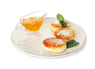 Plate with tasty cottage cheese pancakes and jam on white background
