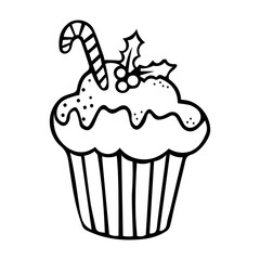 Cupcake with holly berry. Vector draw illustration. symbol of Christmas isolated element of a festive table drawn in the doodle style. Christmas holidays.
