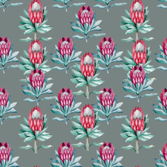Flower Proteas Watercolor by Hand Seamless Pattern for Fabric, For Scrapbooking, For Wallpaper