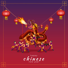 Happy Chinese new year greeting card with dragon dance performance