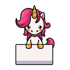 Cute baby unicorn cartoon with blank sign
