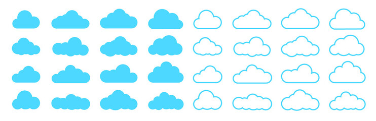 Clouds icon set isolated on white background. Logo and sign. Cloud technologies. Simple modern design. Flat style vector illustration.