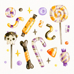 watercolor halloween candy collection design vector illustration