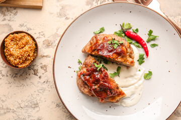 Plate with delicious minced meat boat, mushrooms, melted cheese and sauce on table