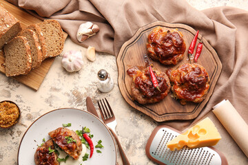 Delicious minced meat boats with melted cheese and ingredients on table