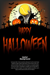 Happy Halloween. Zombie hand from the grave holding a tennis ball. Pumpkins, spooky tree, crosses, coffin and bats. Pattern for banner, poster, greeting card, invitation. Vector illustration