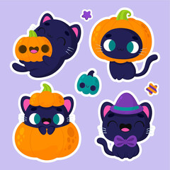 halloween stickers cute cat pumpkin design vector illustration