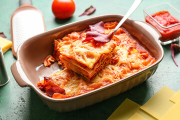 Baking dish with delicious lasagna and tomato sauce on color table