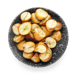 Plate with baked potatoes and rosemary on white background