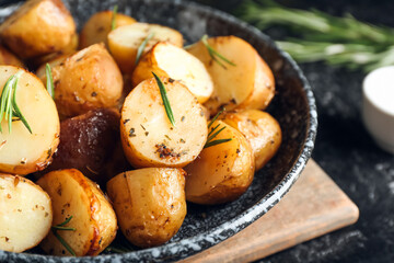 Plate with baked potatoes and rosemary on dark background