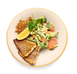 Plate with tasty baked cod fillet and vegetables on white background