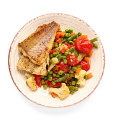Plate with tasty baked cod fillet and vegetables on white background