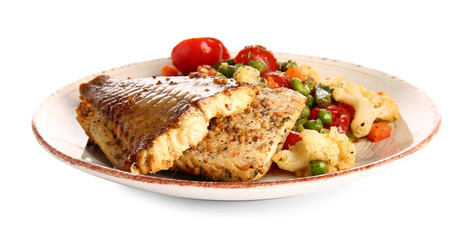 Plate with tasty baked cod fillet and vegetables on white background